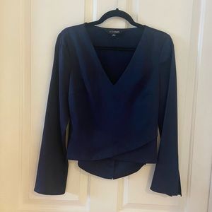 INTERMIX Navy V-Neck Draped Long Sleeve Blouse